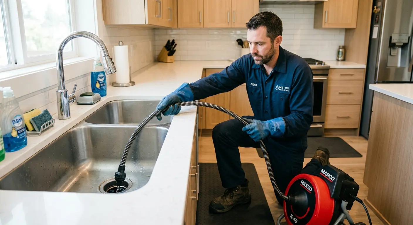 Drain cleaning technician using a motorized snake on a kitchen sink in Leominster