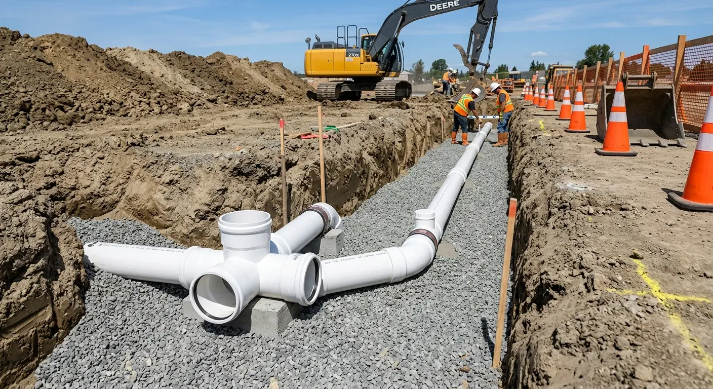 New PVC sewer pipe installation in open trench for Commercial Drain Cleaning in Leominster