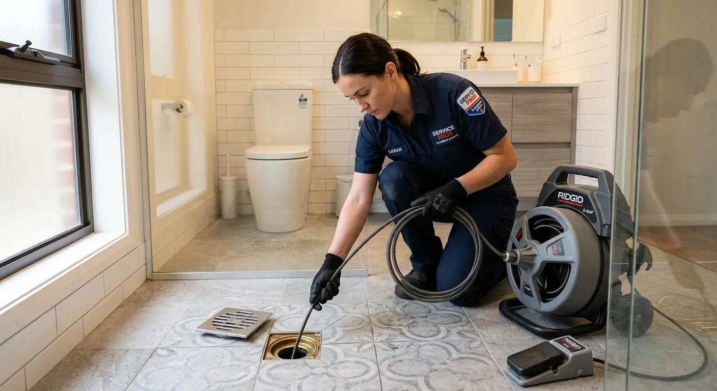 Technician clearing a bathroom floor drain for Hydro Jetting in Leominster